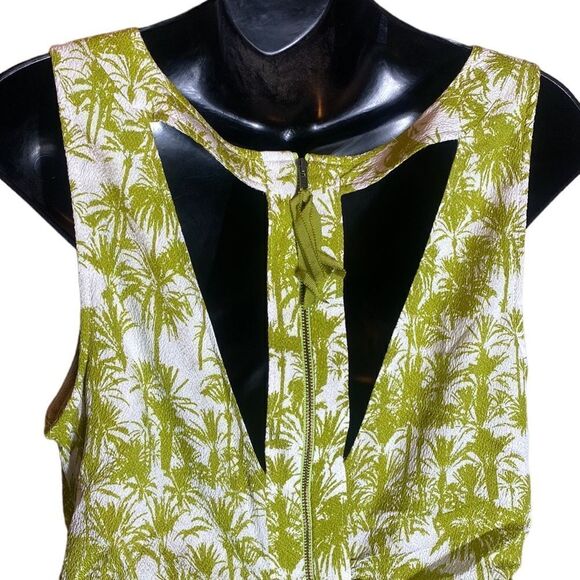 Tracy Reese midi dress palm print gauzy T back brat silk crinkle - Picture 3 of 8